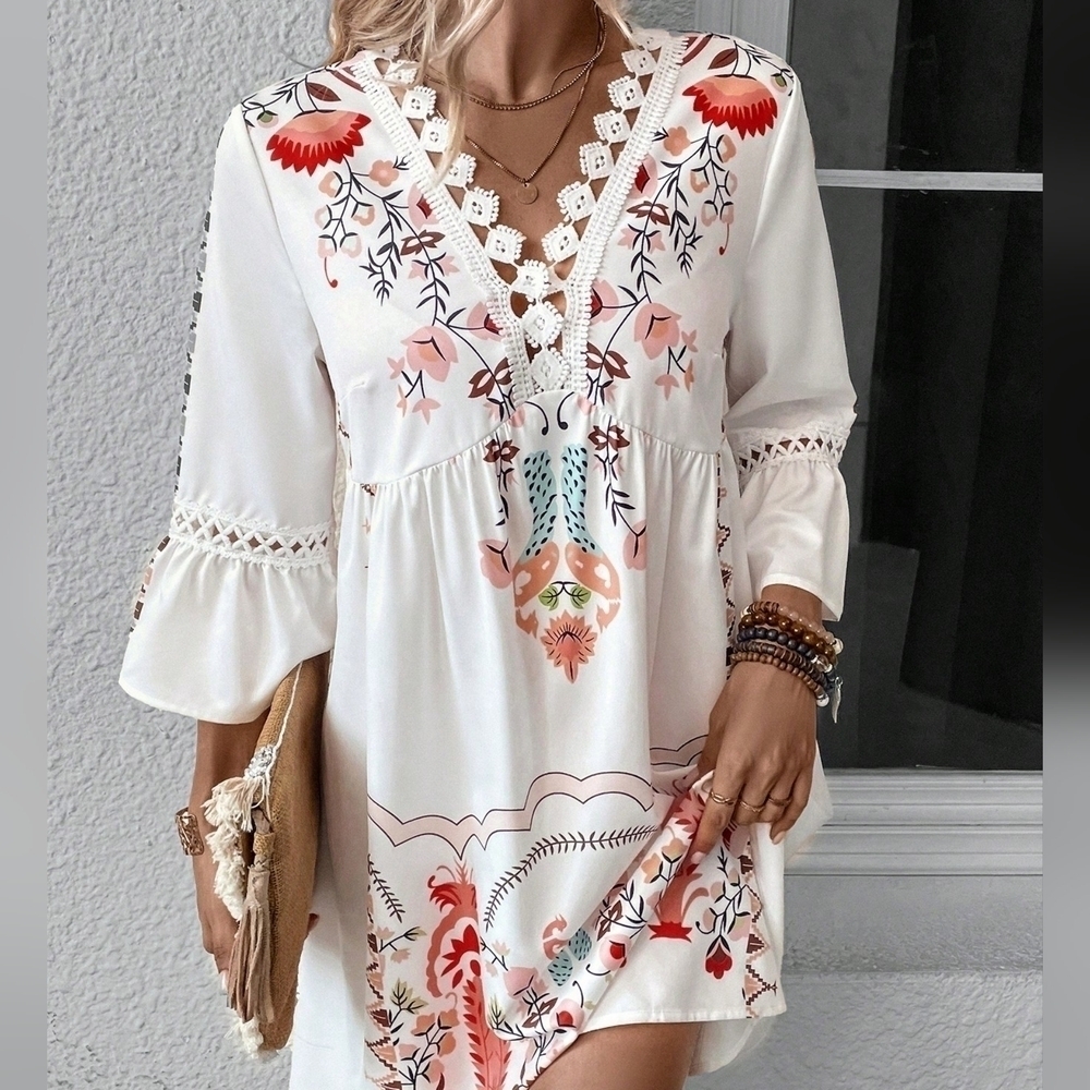 COPY - Floral Print Guipure Lace Insert Flare Sleeve Dress - Picture 4 of 4